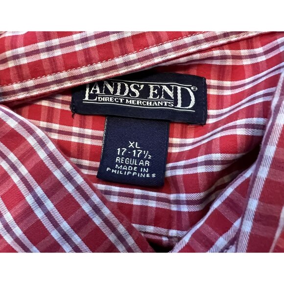 Land's End men's red short sleeve button down shirt size XL white/blue stripes - Picture 4 of 7